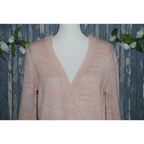Kensie Nordstrom Faux Wrap Size M Pink Metallic Sparkle Sweater V-Neck Thin Knit - Picture 2 of 12
